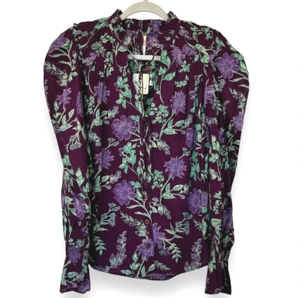 Free People Meant to Be Floral Puff‎ Sleeve Button Up Blouse Top NWT